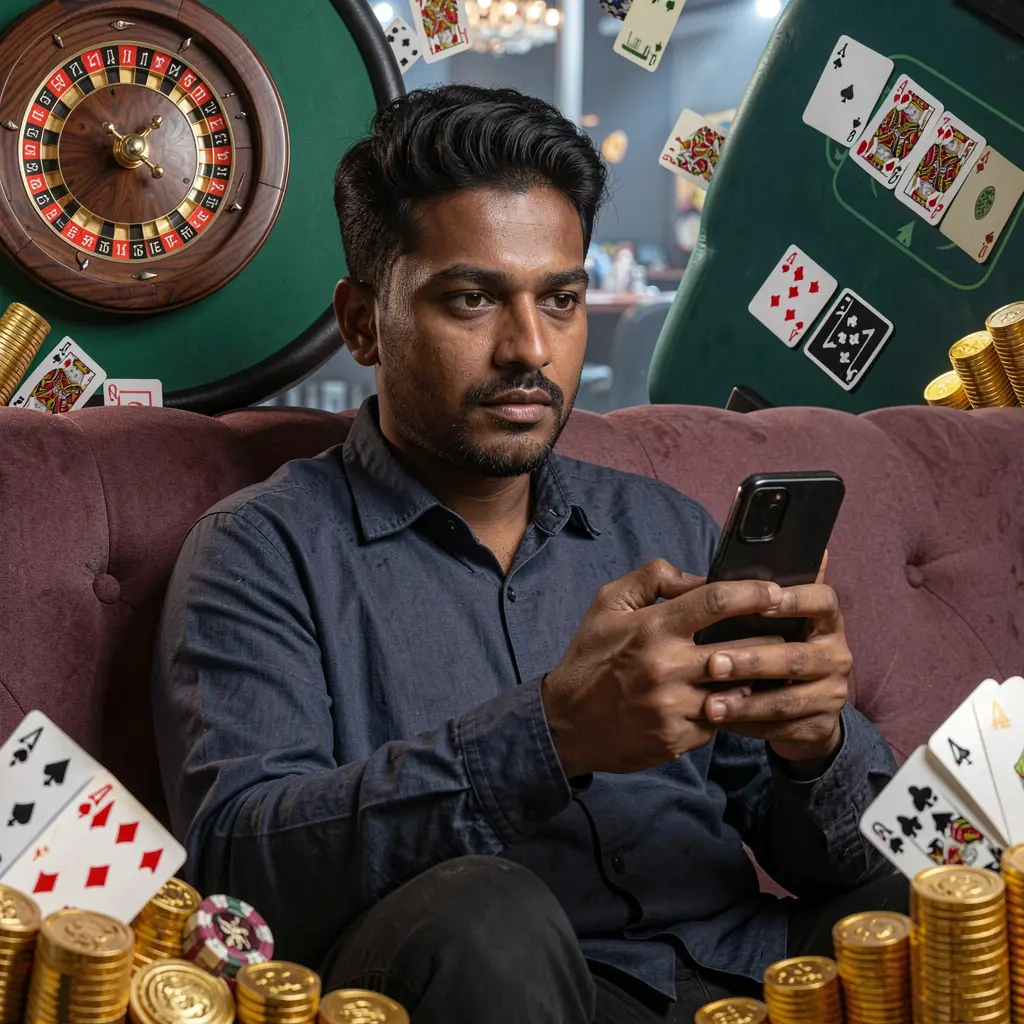 Confident Bangladeshi player relaxing on a sofa while using the 9A9999 casino app with roulette wheels cards and gold coins around him