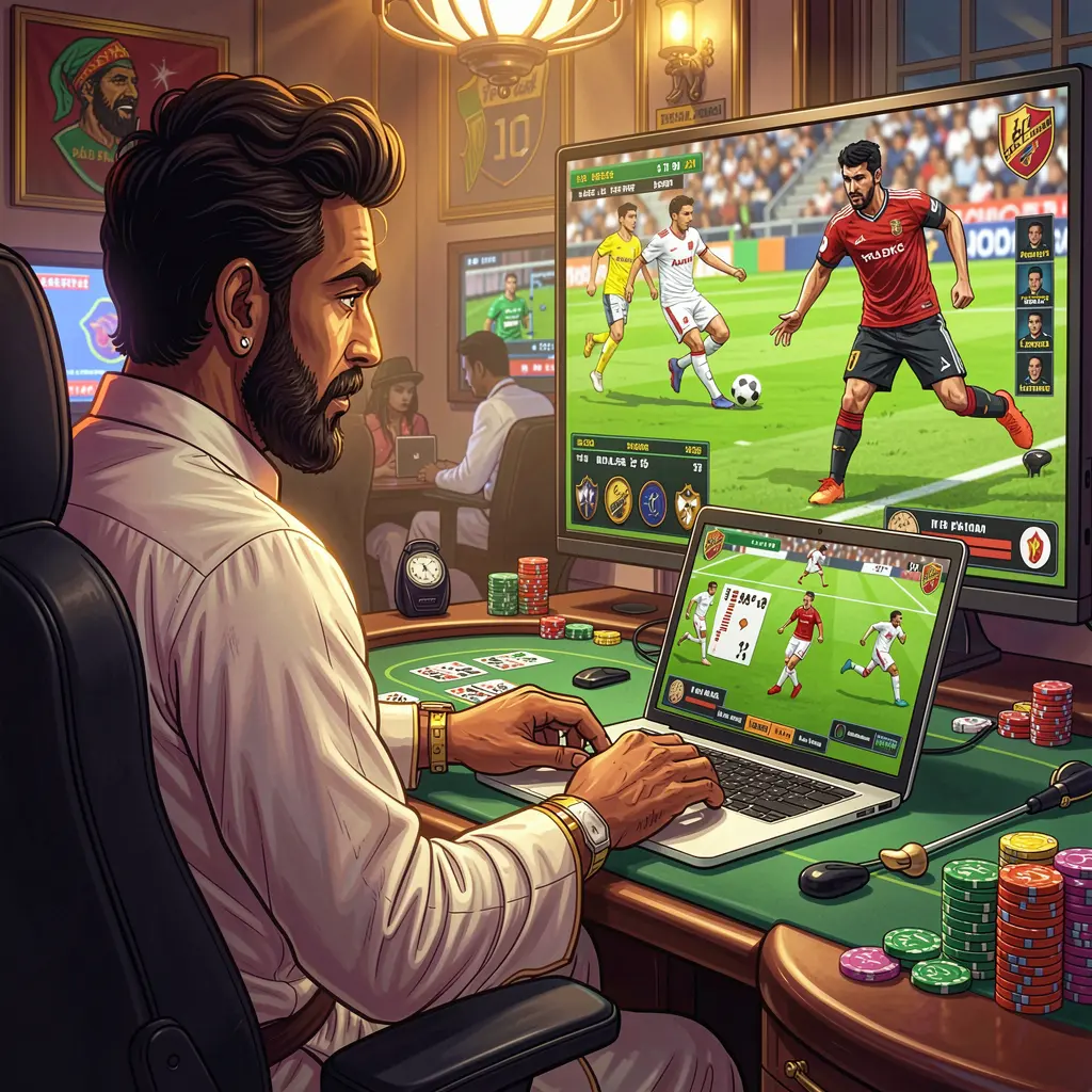 Bangladeshi sports betting enthusiast watching a live football match on TV while placing strategic bets on a laptop with 9A9999