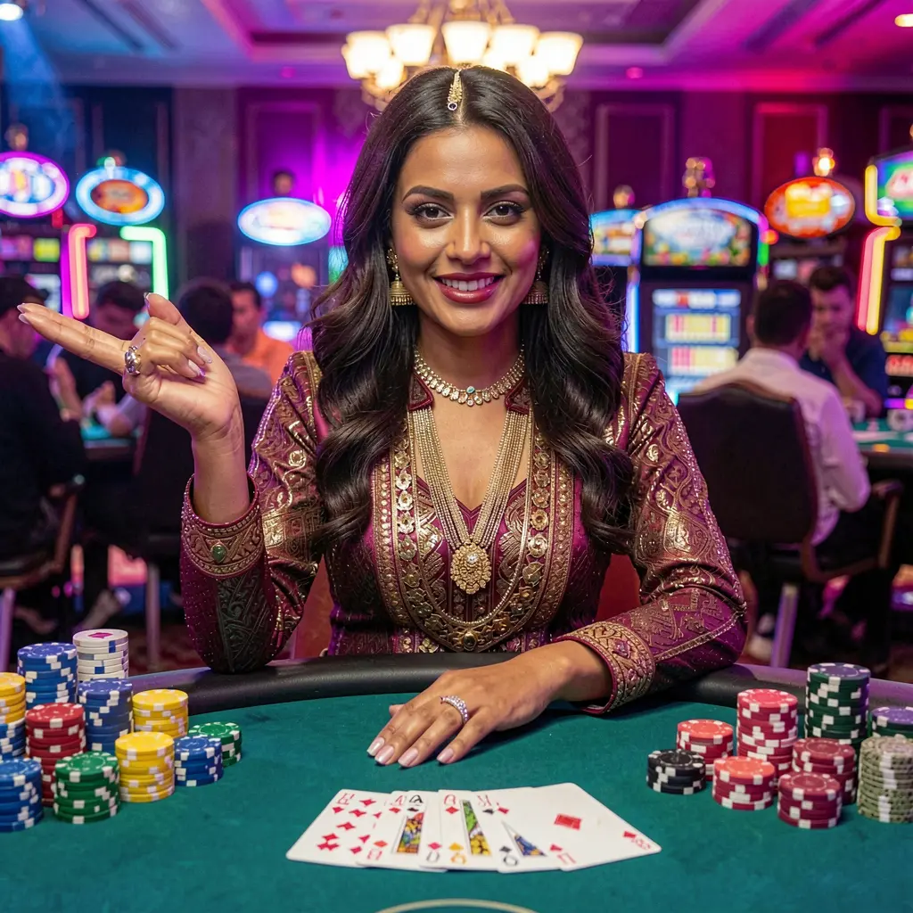 Friendly casino hostess welcoming players at a modern gaming table with poker chips and digital screens inside the 9A9999 casino platform for Bangladesh