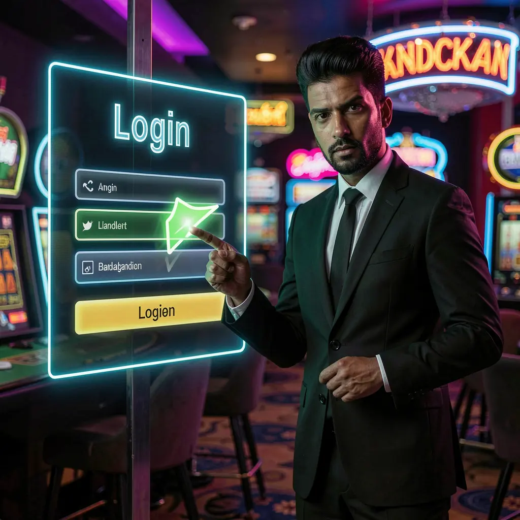 Confident Bangladeshi casino professional pointing at a bright digital login panel inside the 9A9999 platform showcasing secure access